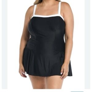 Maxine Of Hollywood Solid Bandeau Princess Seam Swim Dress One Piece Sz 16